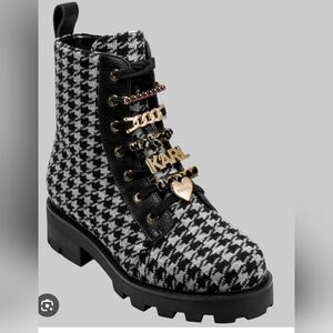SIZE. 7.5. Karl Lagerfeld Houndstooth Combat Boots with Gold Accents